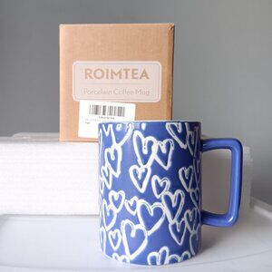 New ROIMtea Porcelain Coffee Mug Blue-Purple White Hearts 14oz.